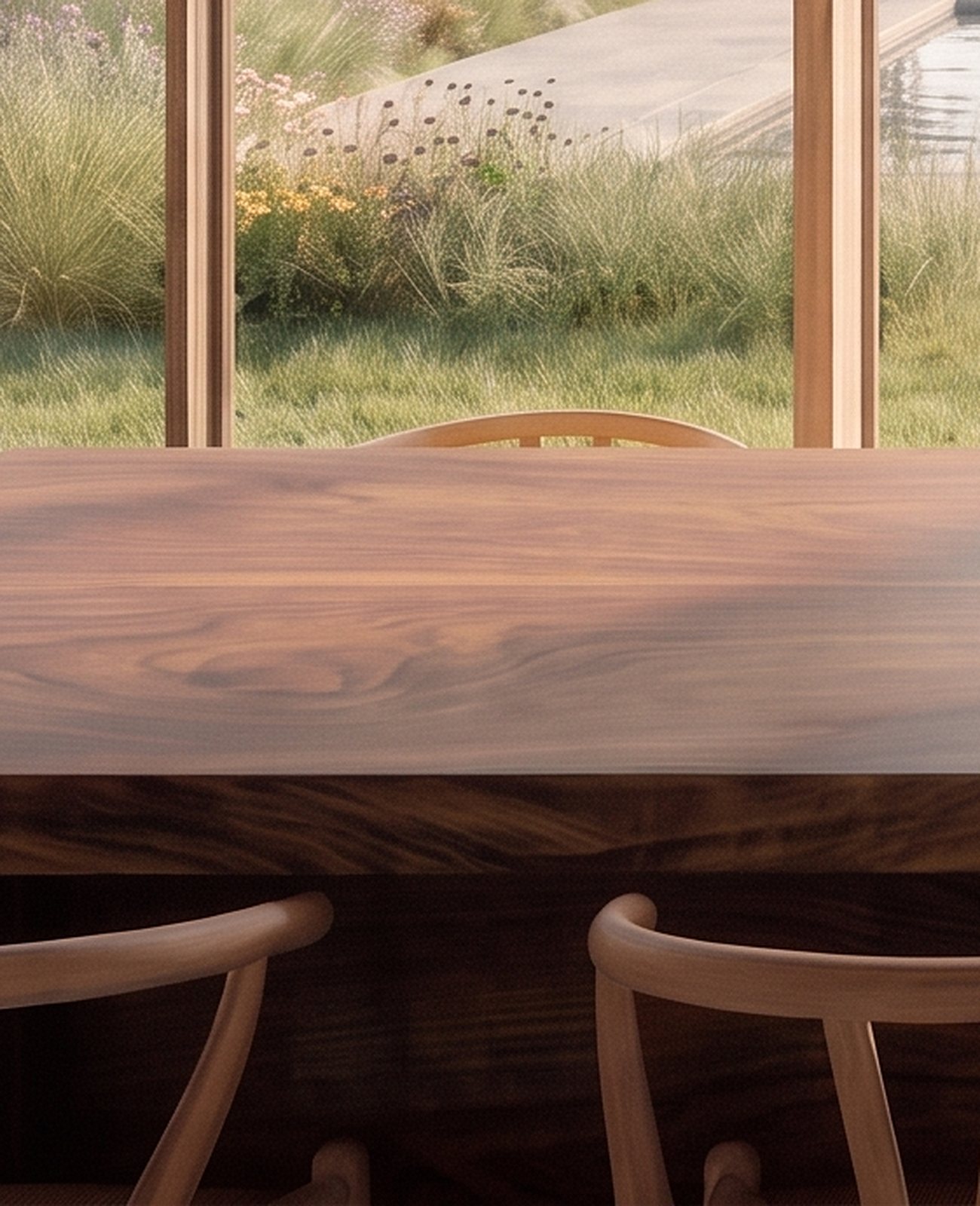 Rendering of the dining table and its chairs against the garden