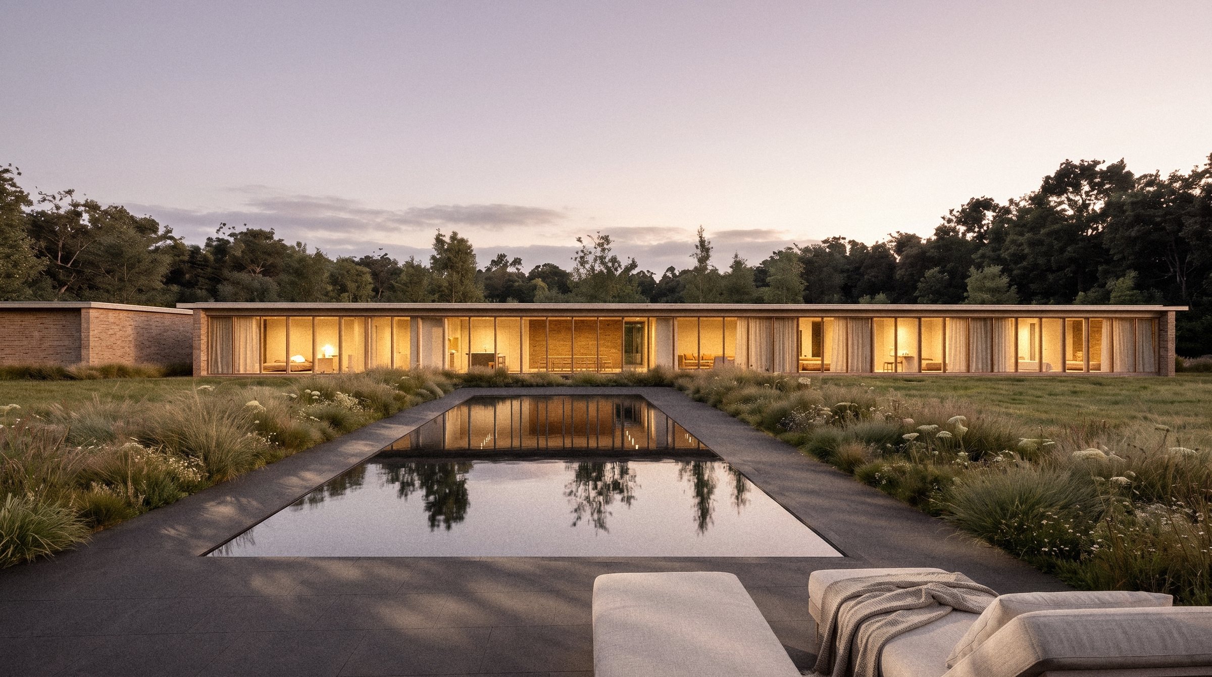 Rendering of the long house at dusk across its pool