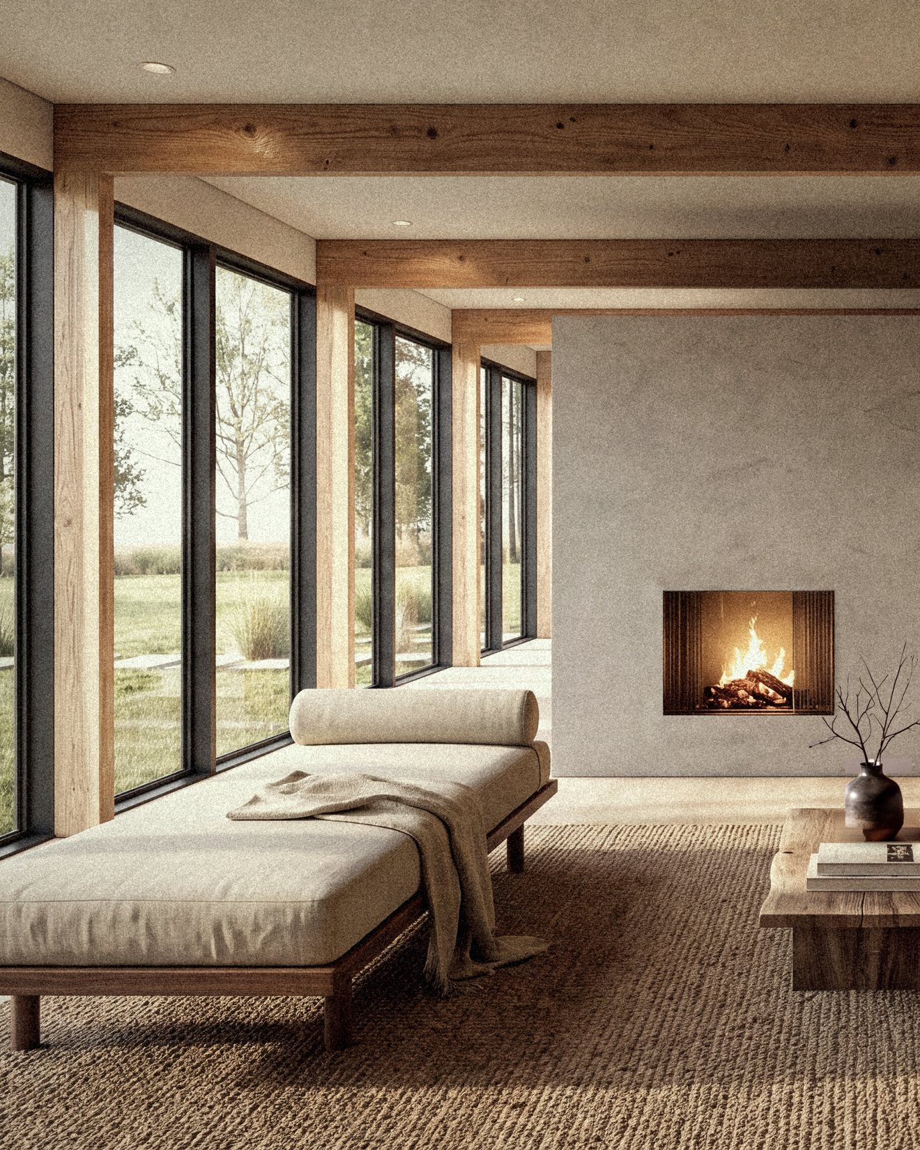 Rendering of the living room, a daybed by the glass and the hearth lit