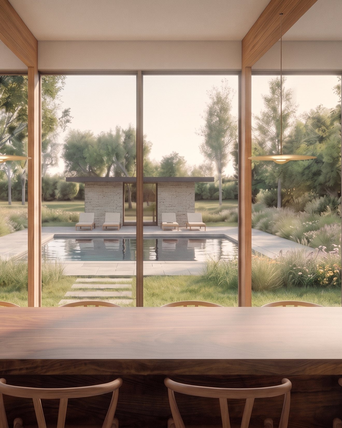 Rendering of the view from the dining table across the pool to the pool house