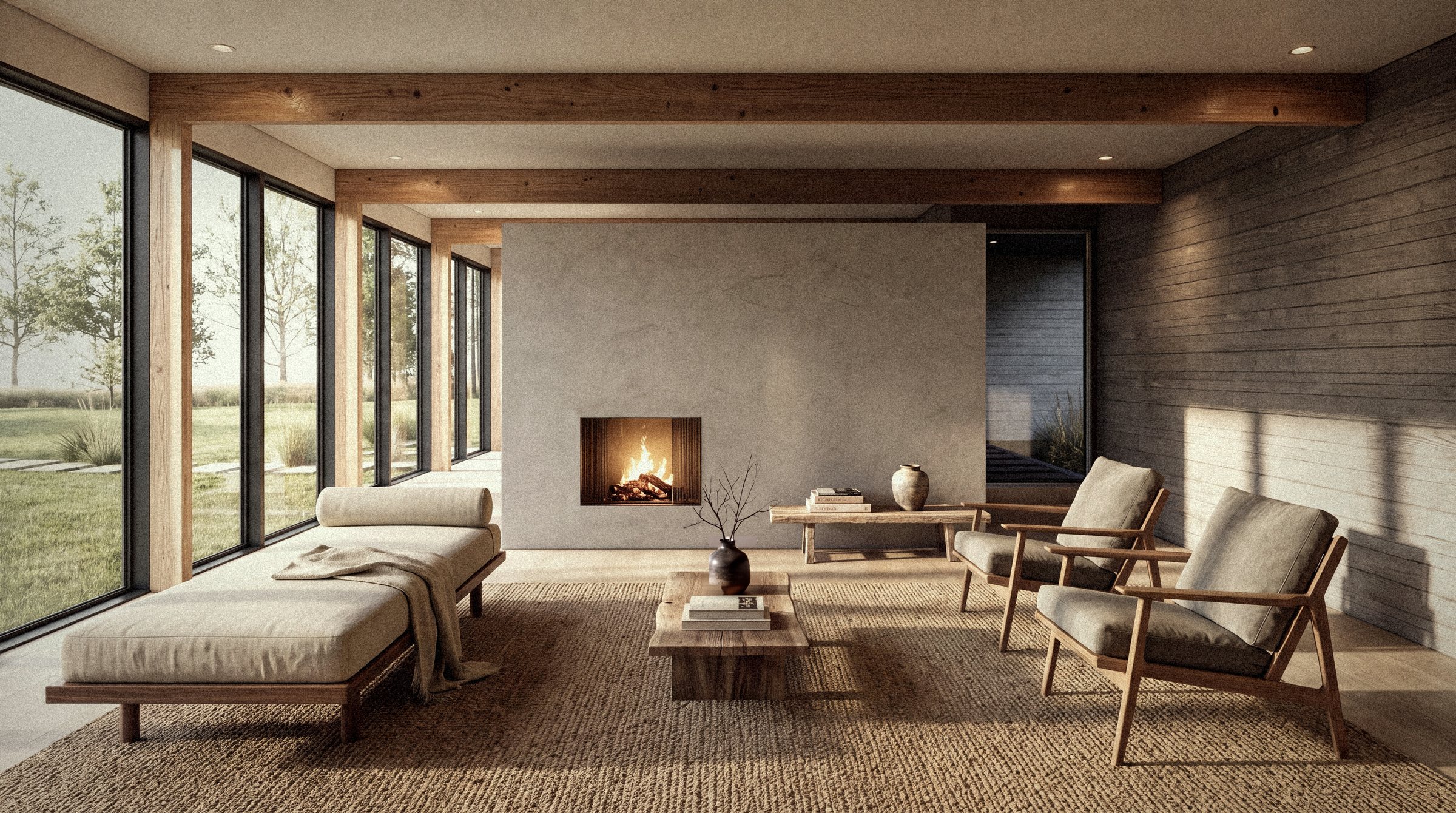 Rendering of the living room under timber beams, a plaster hearth with the fire lit, glass to the meadow