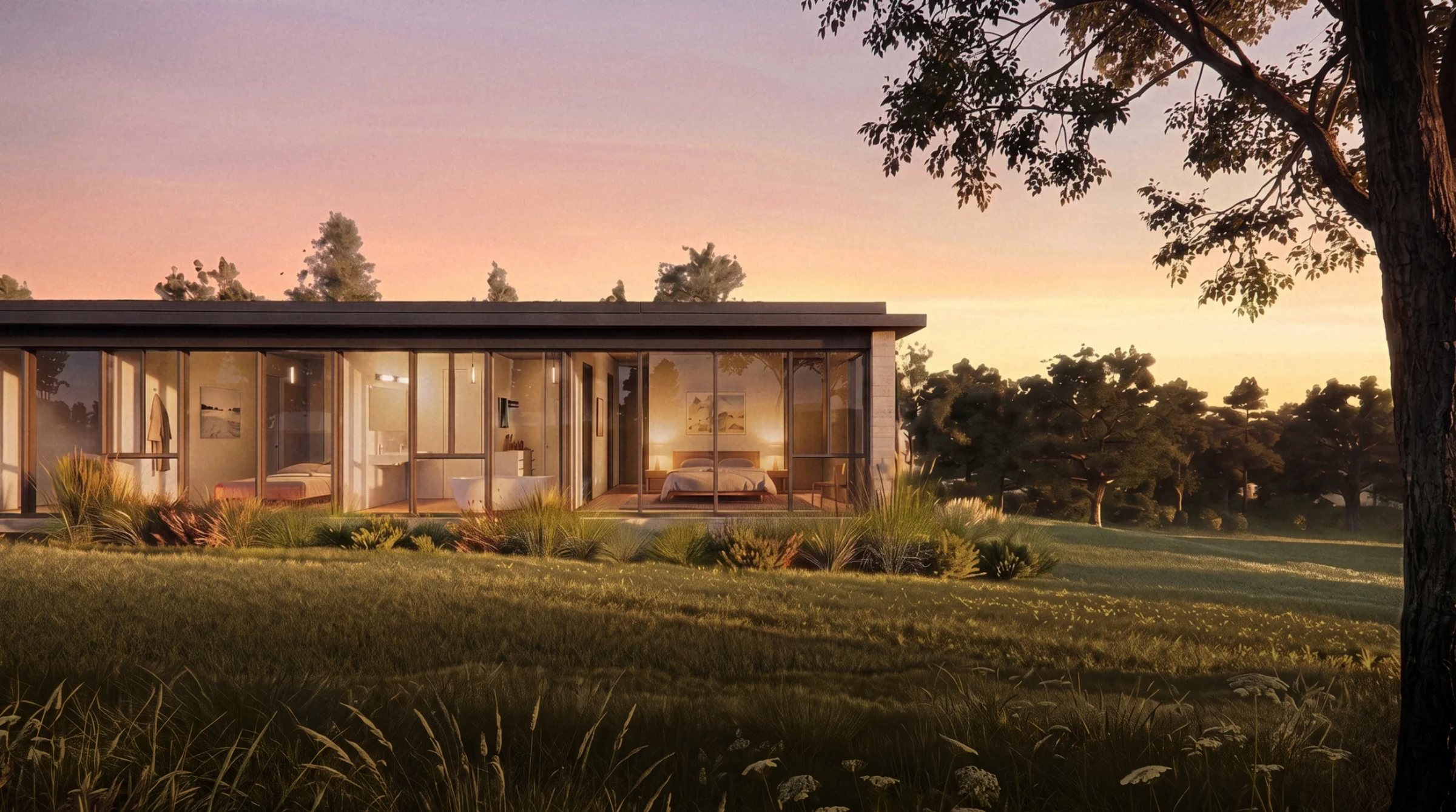 Rendering of the house from the meadow at sunset, a single glazed storey under a flat roof