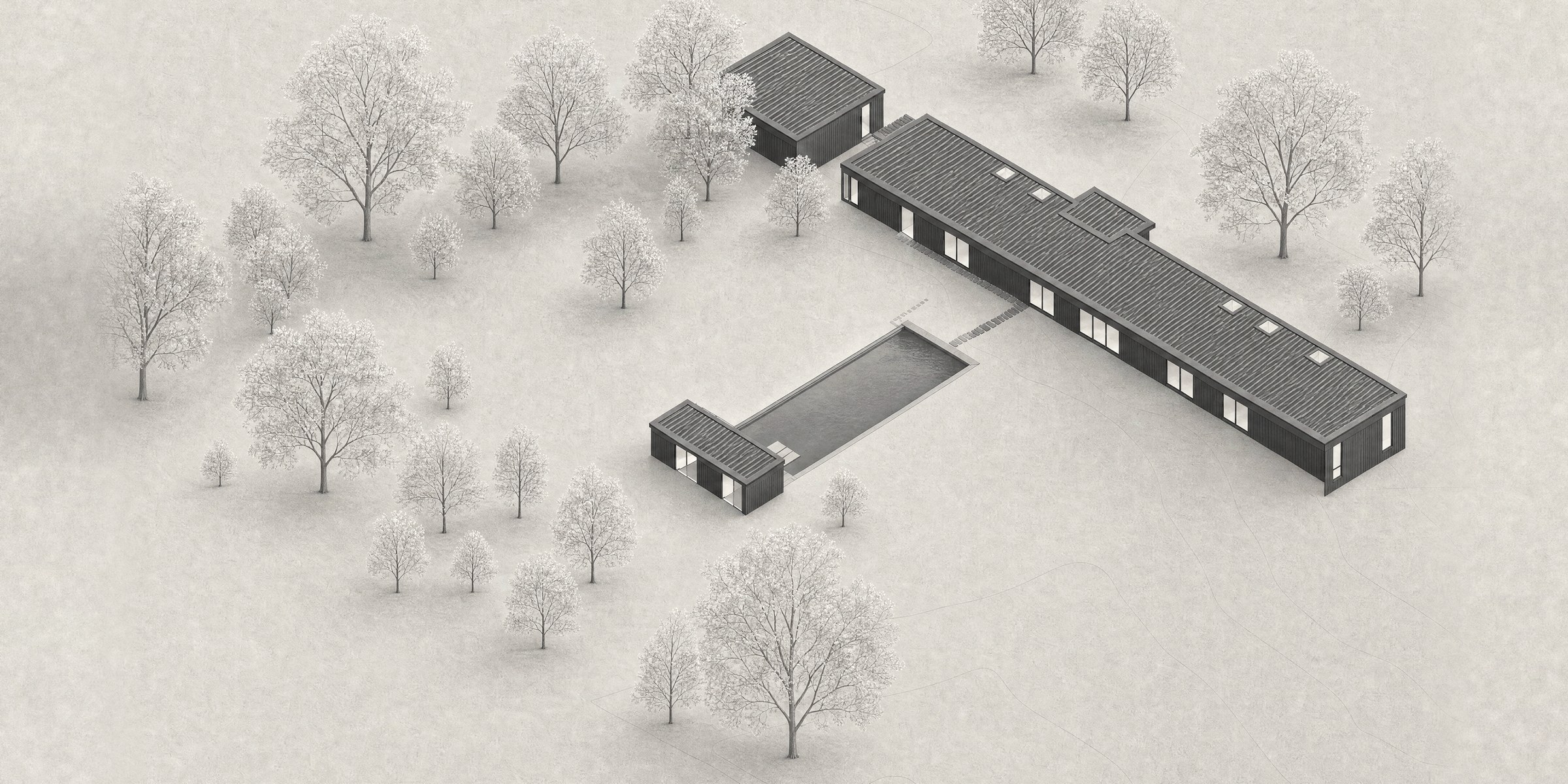 Axonometric drawing of 540 Hands Creek: one long house with its garage at the west end, a pool at right angles to it and the pool house at the far end of the water