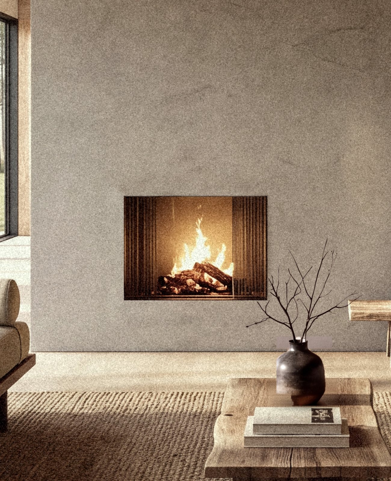 Rendering of the plaster hearth with the fire lit