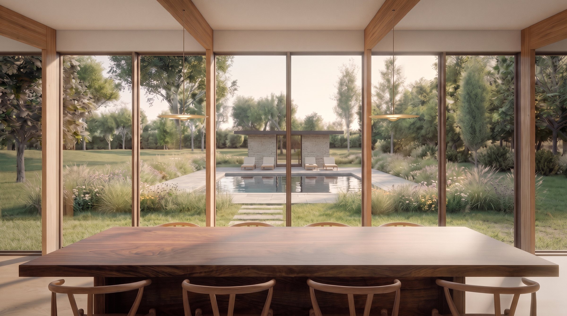 Rendering of the dining table beside a wall of glass between timber posts, the pool and the pool house beyond