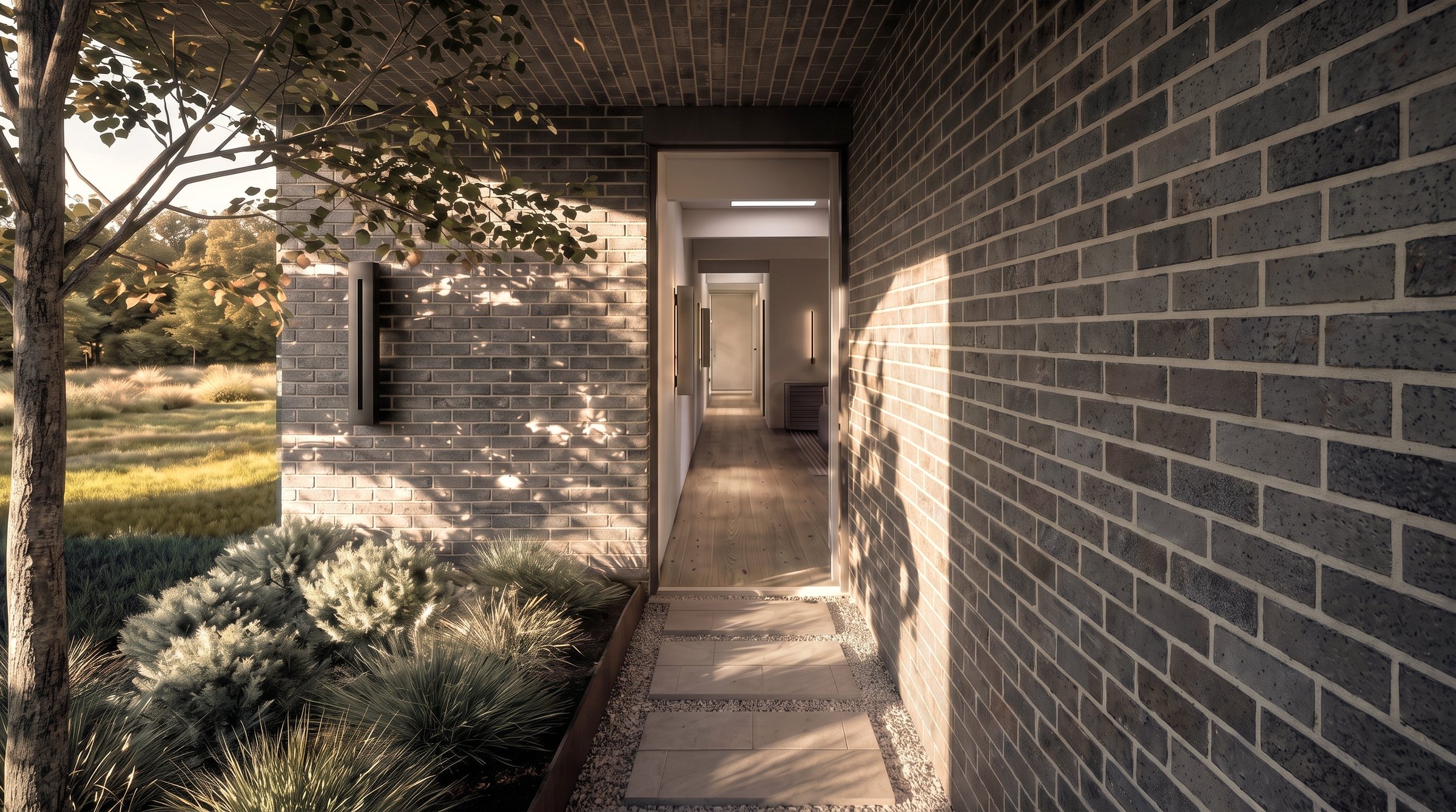 Rendering of the entry passage between long grey brick walls, low sun across the planting