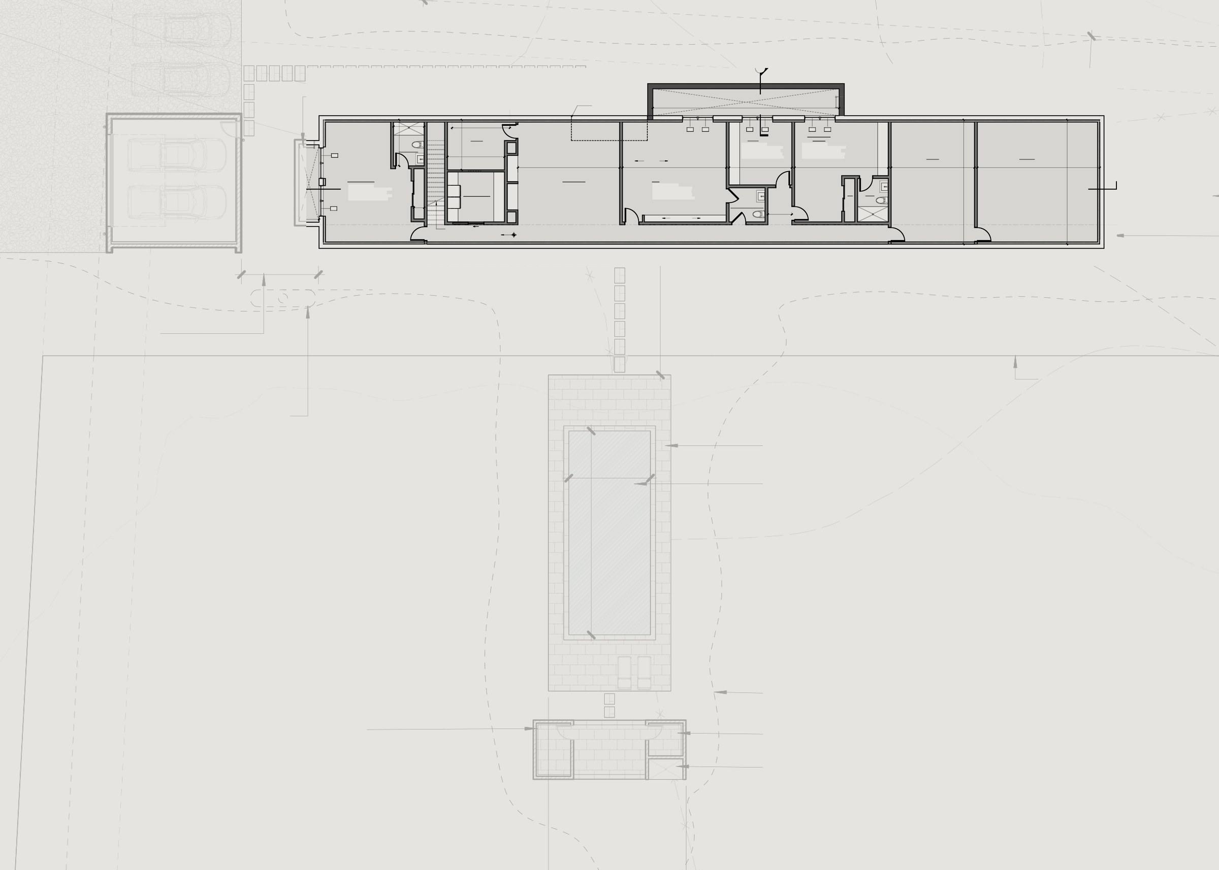 Lower level plan: a family room, a cinema, a gym, a study, a bunk room and a bedroom beneath the main house